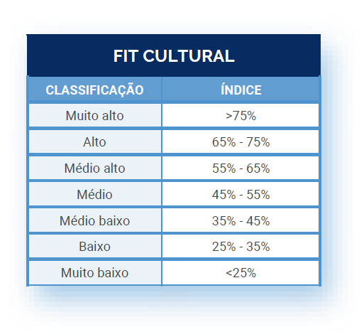 Tabela com as notas de fit cultural usadas para medir cultura organizacional